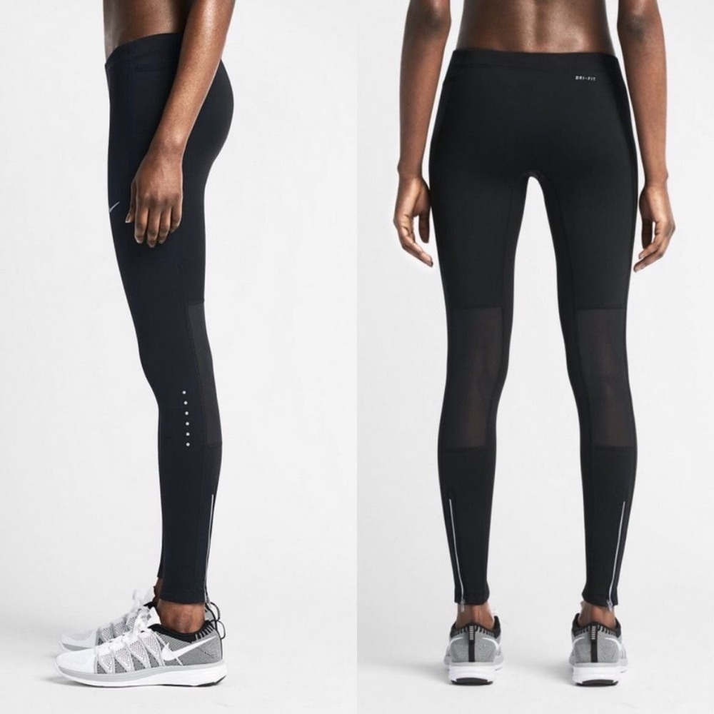 Nike Dri-Fit Running Leggings Drawstring Mesh & Ankle Zippers Black Women’s S